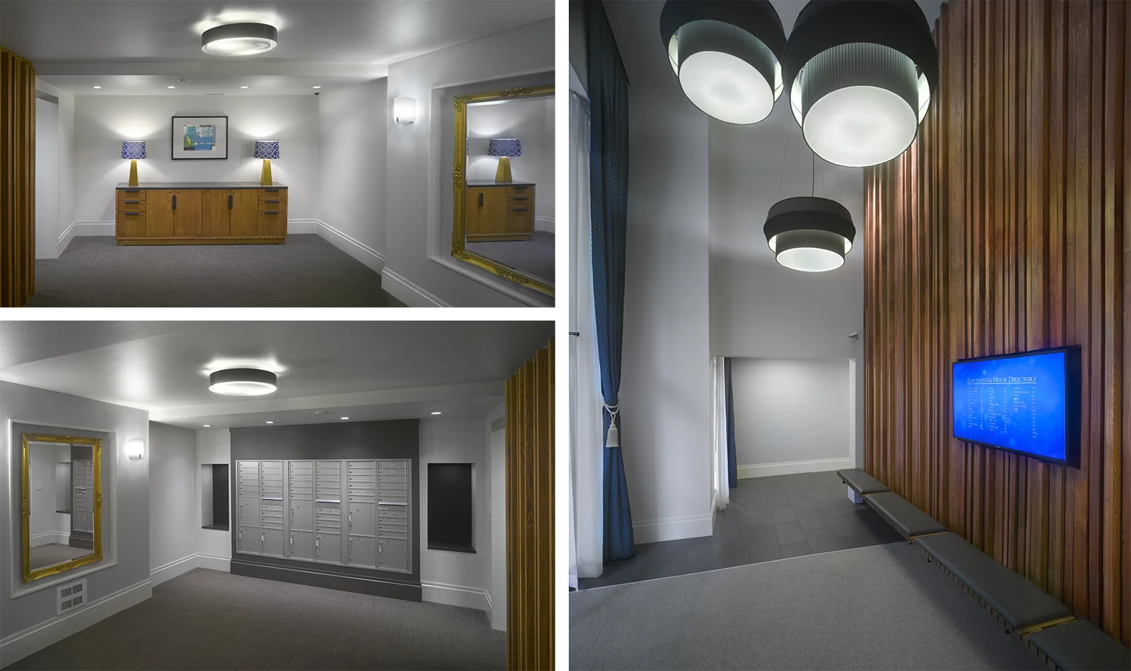 Modern lobby interior views showing a wood-paneled wall, a sleek mailroom, and a hallway with a wooden credenza.