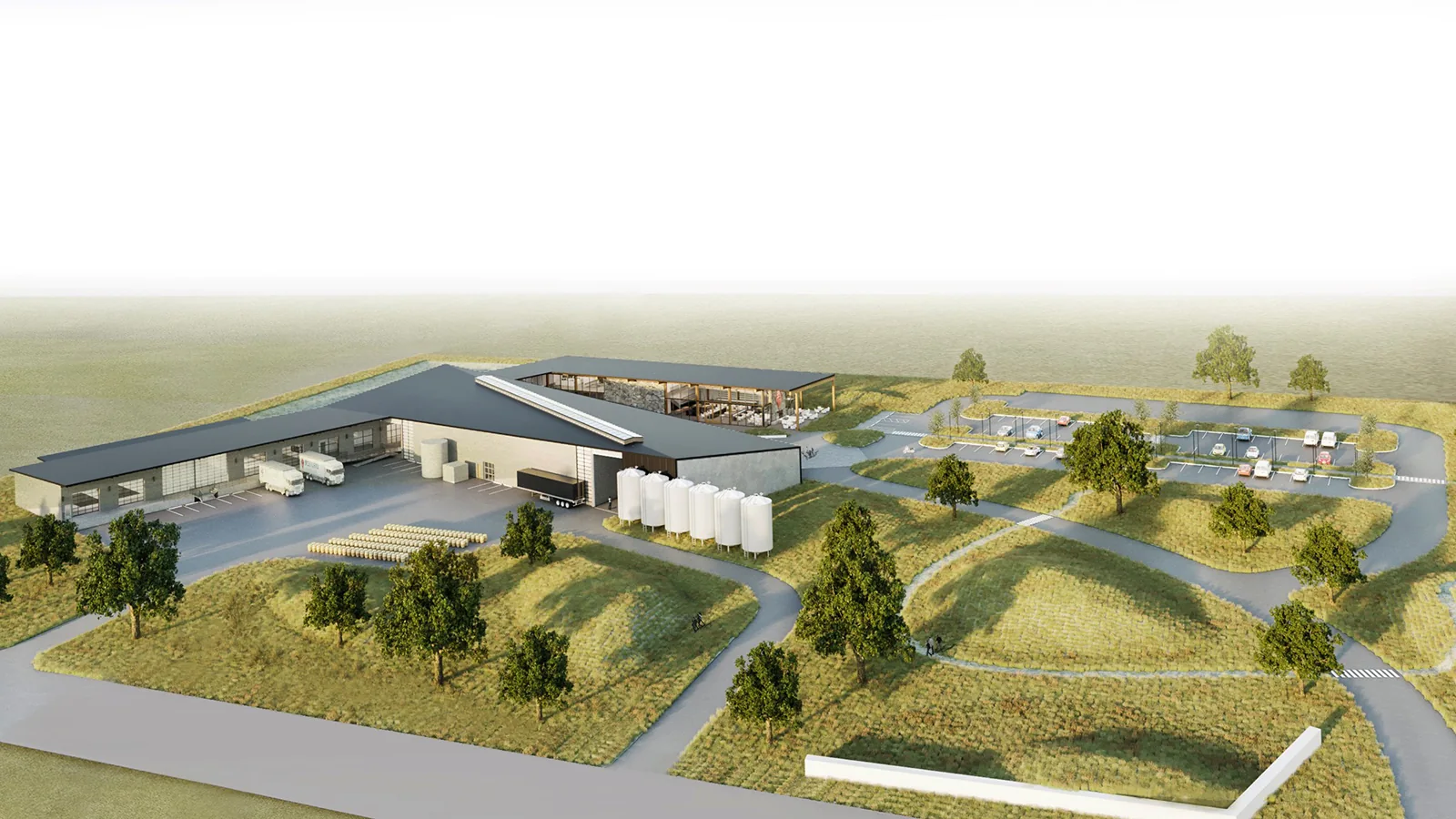 Architectural rendering of a modern distillery facility with dark roofs, silos, and landscaped grassy grounds.
