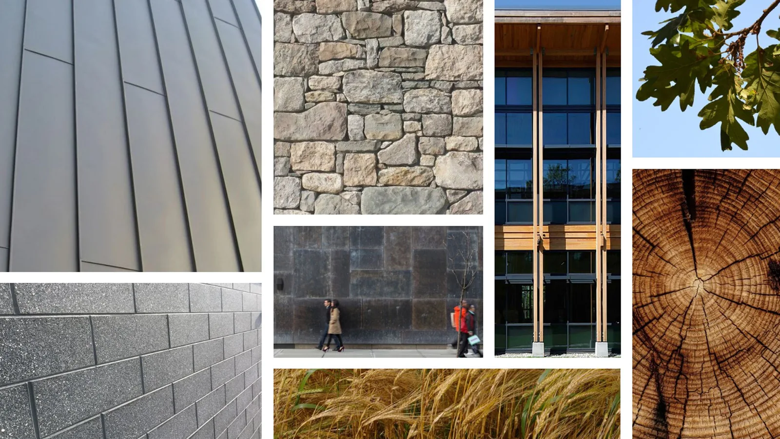 Collage of natural and industrial building materials including stone, timber, metal siding, and wood textures.