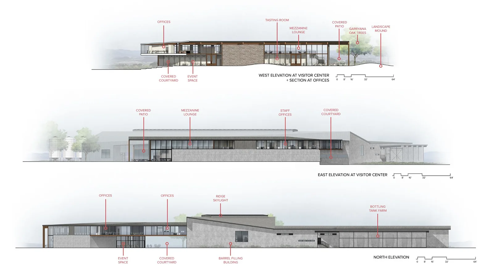 Architectural elevation drawings of a modern visitor center and distillery building with labeled sections.