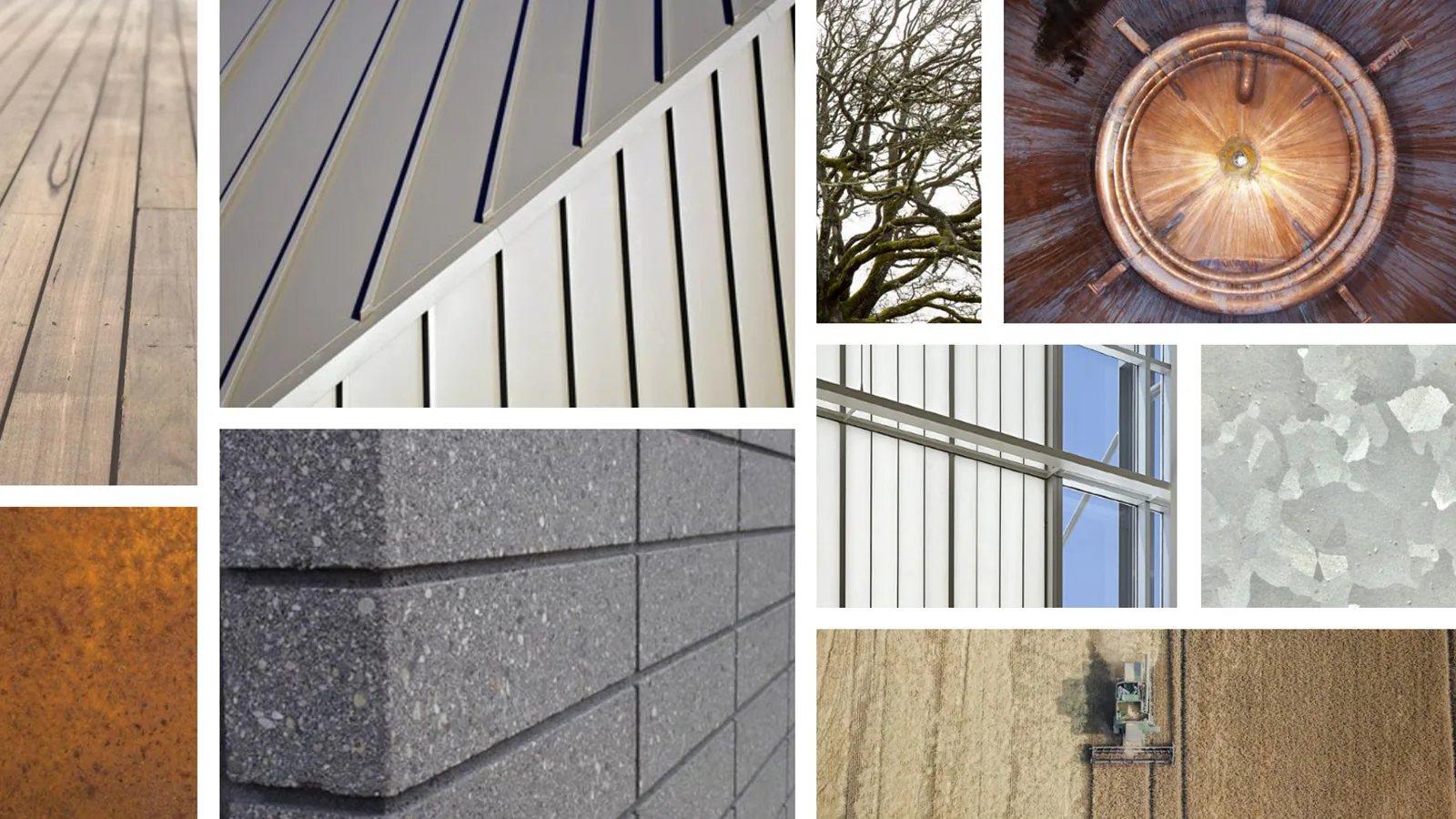 Material mood board featuring wood, concrete, rusted metal, copper, and agricultural textures.