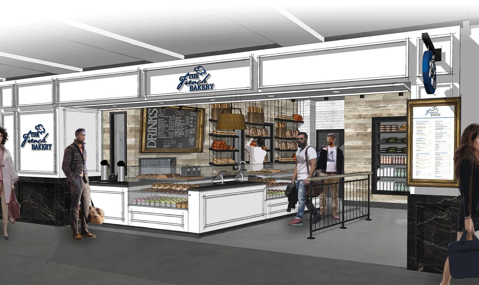 Architectural rendering of a bakery storefront with white paneling, wood accents, and glass pastry displays.