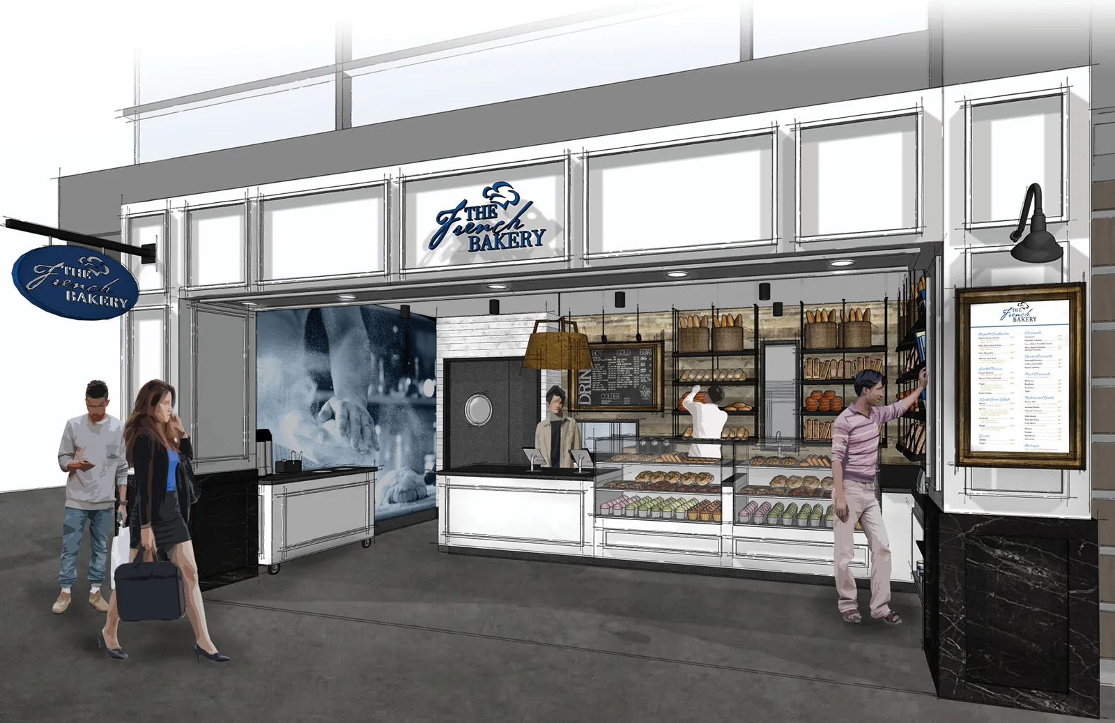 Design rendering of a bakery storefront featuring a white paneled facade, pastry cases, and blue signage.