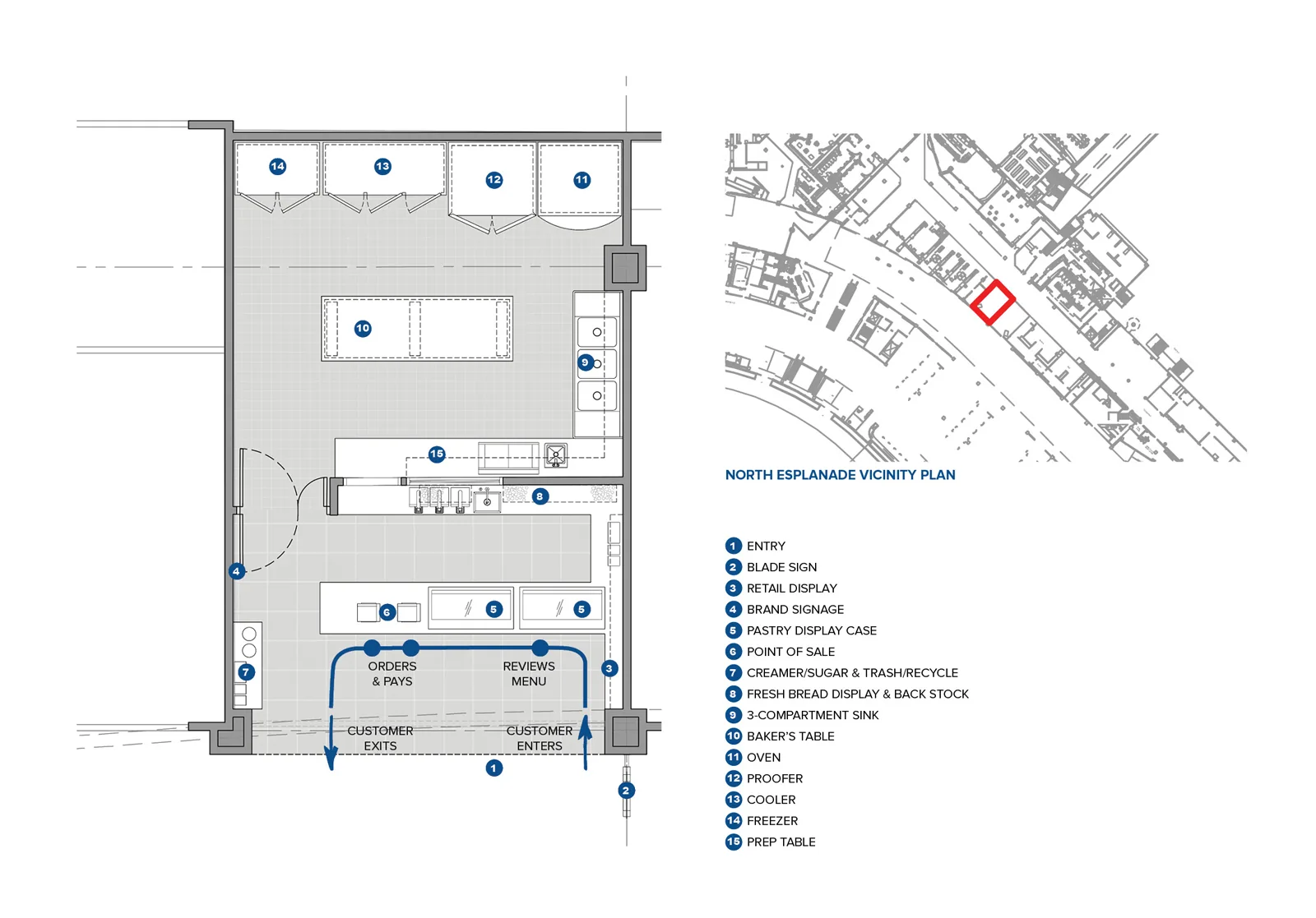 Architectural floor plan and vicinity map of a bakery, showing customer flow, kitchen equipment, and a legend.