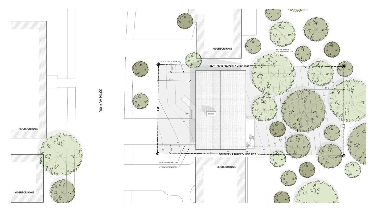 Architectural site plan drawing showing a residential lot layout with property lines, setbacks, and trees.
