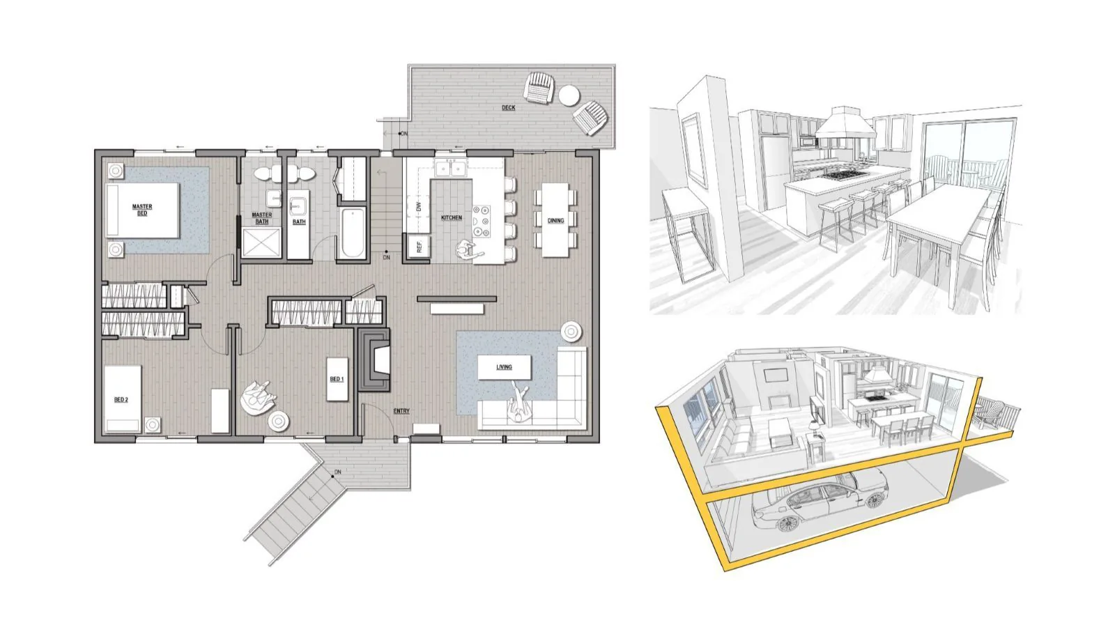 Architectural floor plan, kitchen perspective sketch, and 3D cutaway drawing of a residential home design.