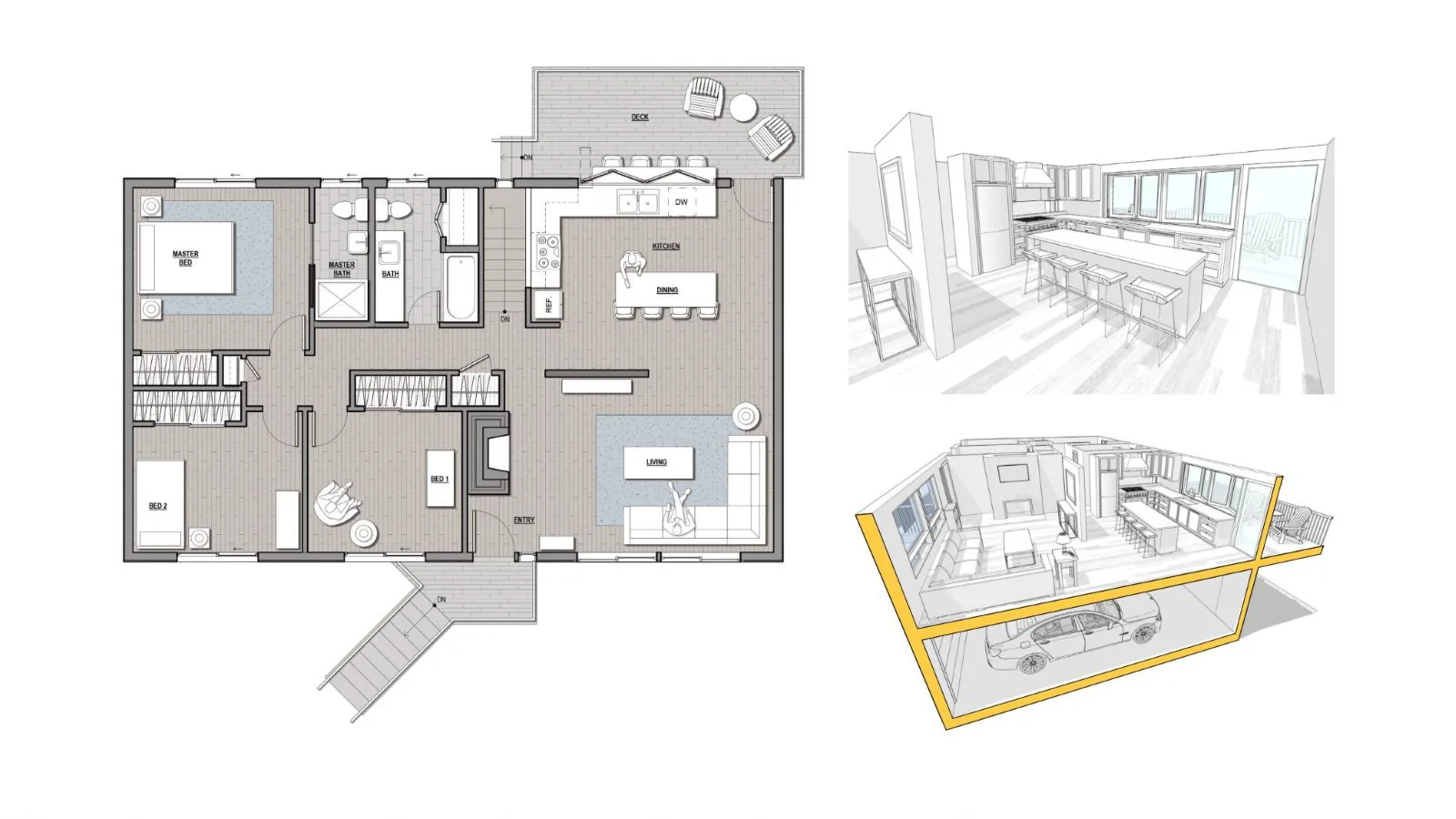 Architectural drawings including a 2D floor plan and 3D interior renderings of a residential home.