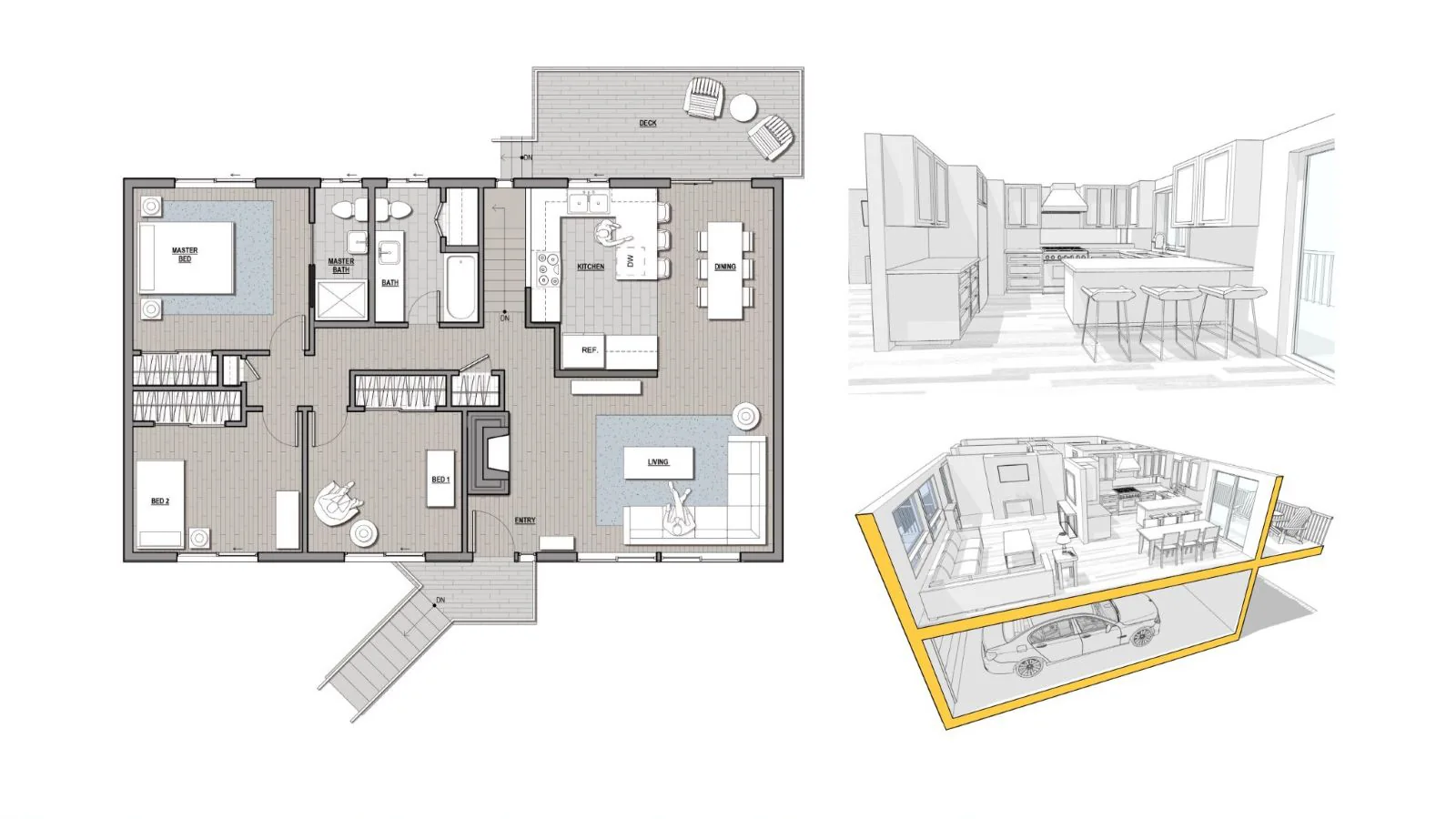 Architectural drawings showing a 2D floor plan, a 3D kitchen rendering, and a cutaway perspective of a home.