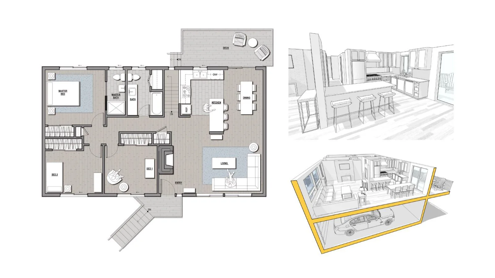 Architectural renderings showing a 2D floor plan, a kitchen perspective sketch, and a 3D cutaway diagram.