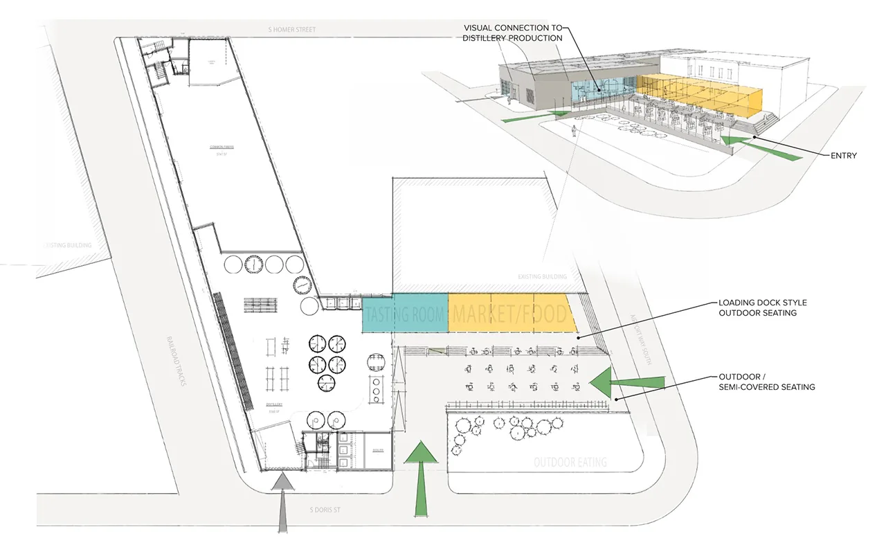 Site plan and 3D perspective diagram of a distillery layout, featuring a tasting room and outdoor seating.