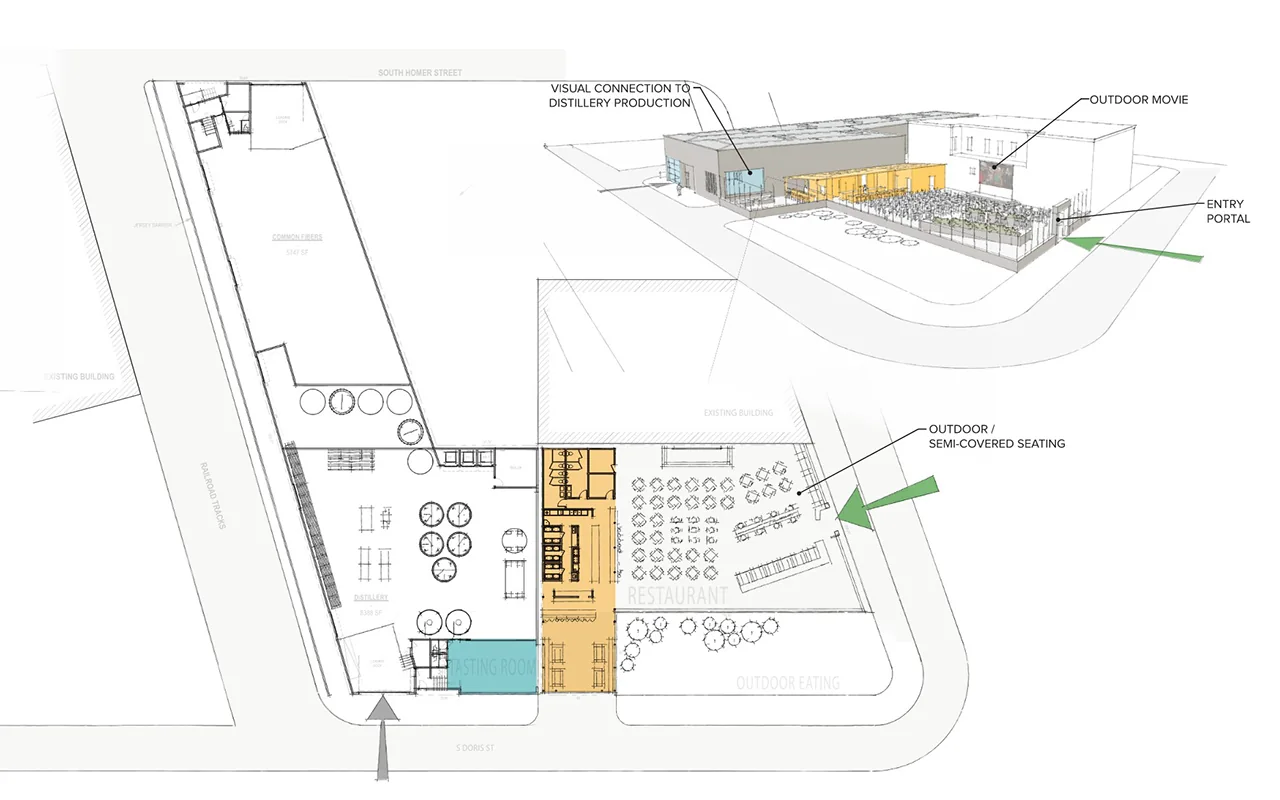 Site plan and 3D isometric diagram of a distillery and restaurant layout with outdoor seating.