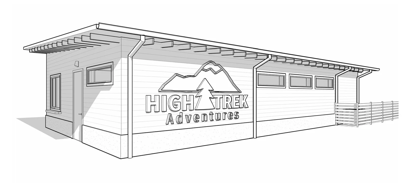Architectural line drawing of a modern single-story building with the High Trek Adventures logo on the exterior.
