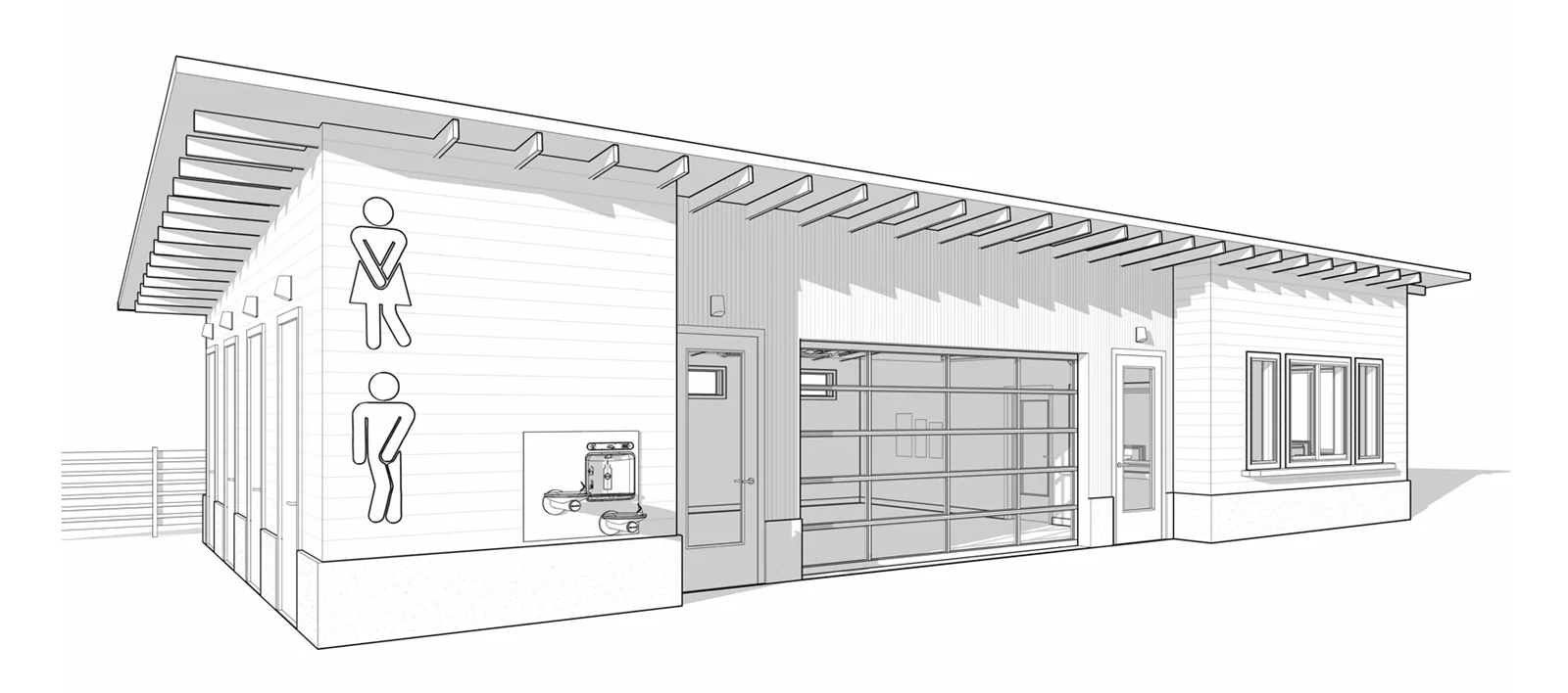 Architectural rendering of a modern park facility building with public restrooms and a glass garage door.