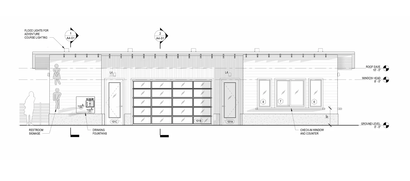 Architectural elevation drawing of a single-story building facade with a garage door and check-in windows.