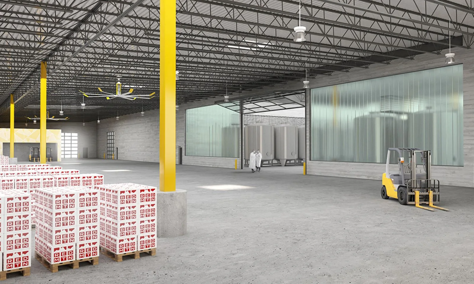 Architectural rendering of a large warehouse interior with yellow columns, concrete floors, and stacked pallets.