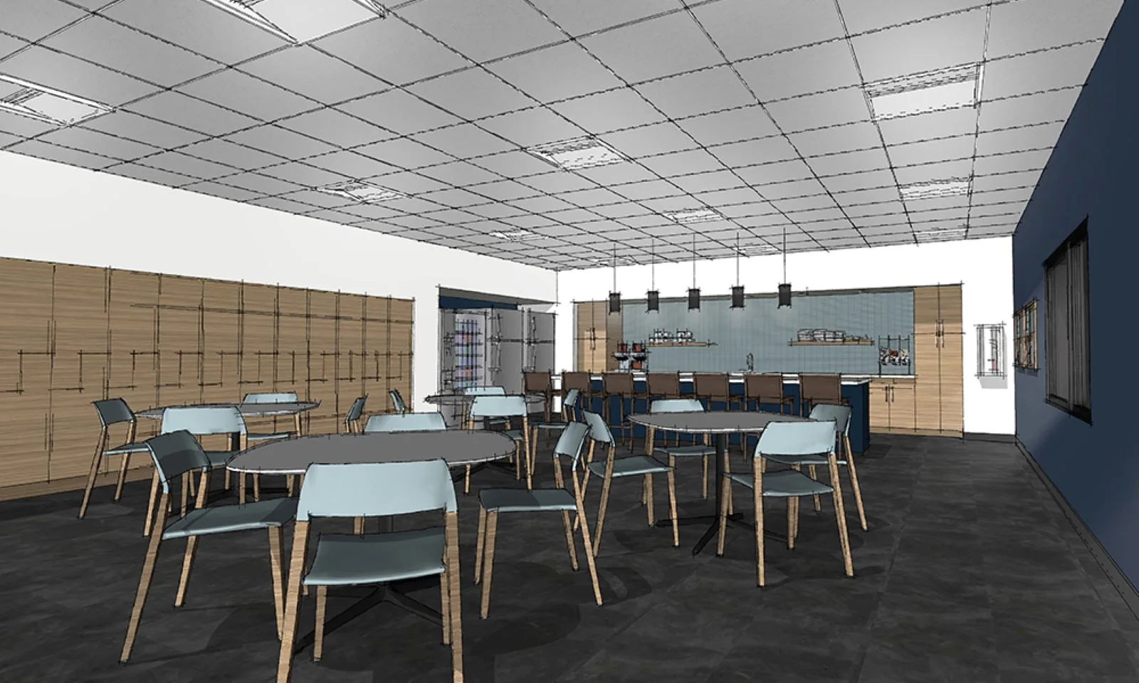 Architectural rendering of an office breakroom with round tables, light blue chairs, and a kitchen bar counter.