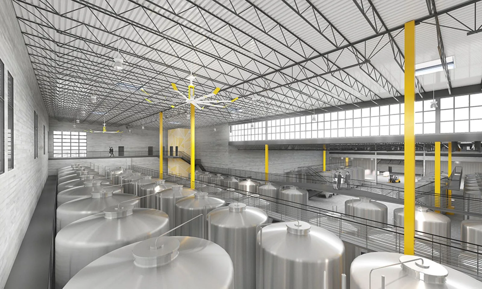 Architectural rendering of a large industrial tank room with stainless steel vats and yellow structural columns.