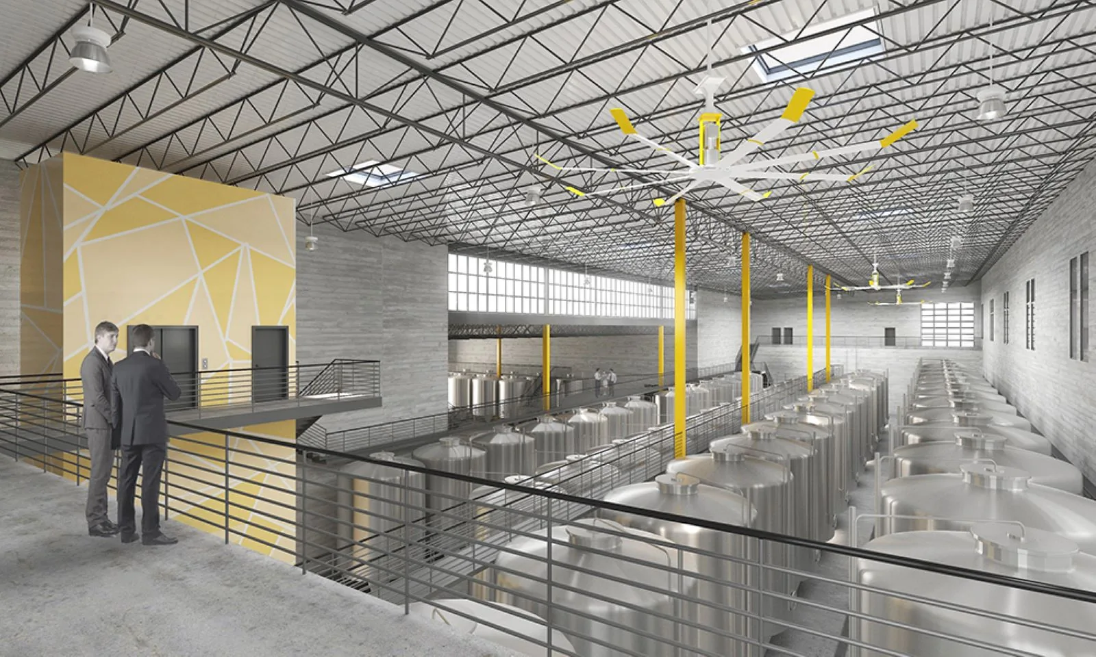Architectural rendering of a spacious industrial tank room with stainless steel vats and yellow accents.