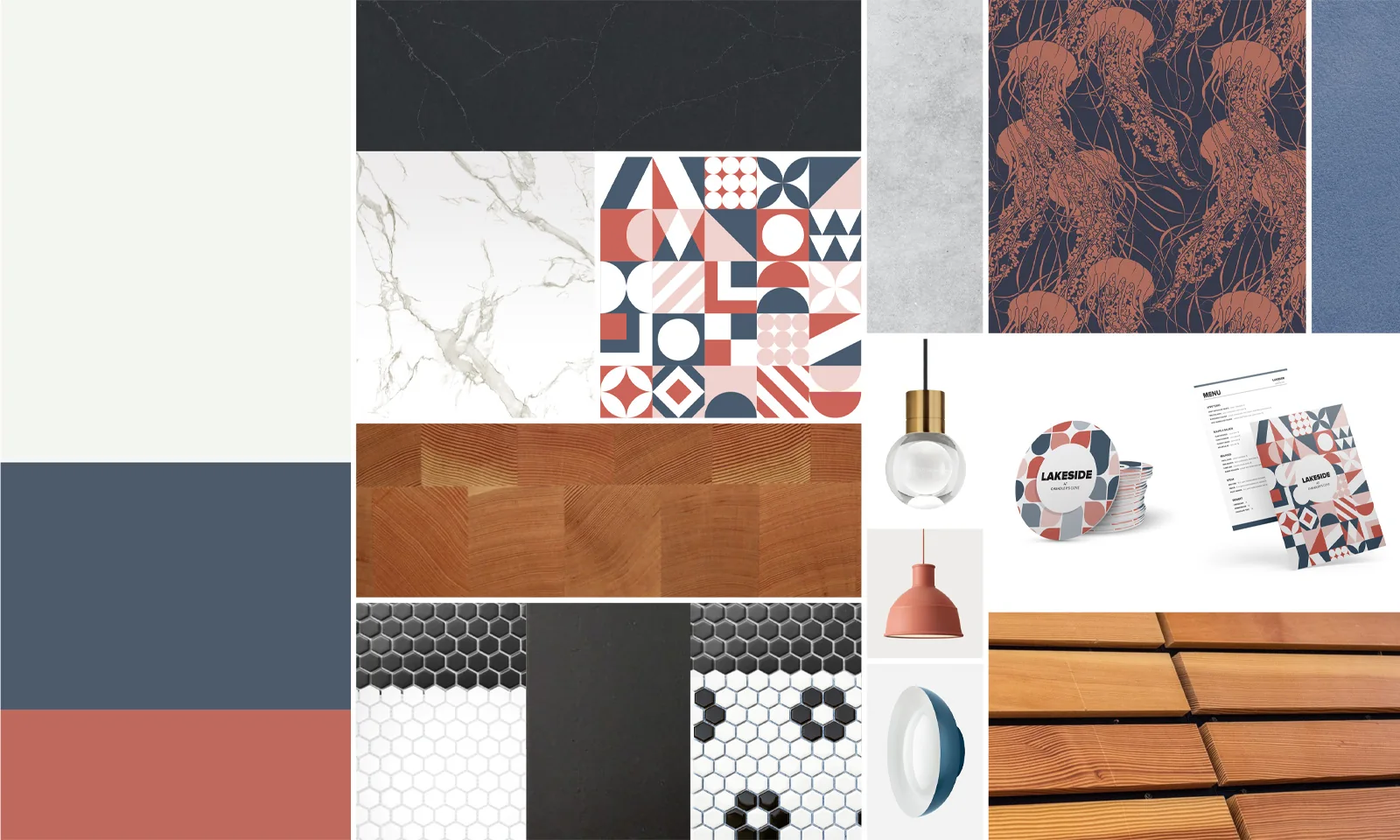 Material mood board featuring navy, terracotta, wood, marble, hex tiles, jellyfish wallpaper, and branding mockups.