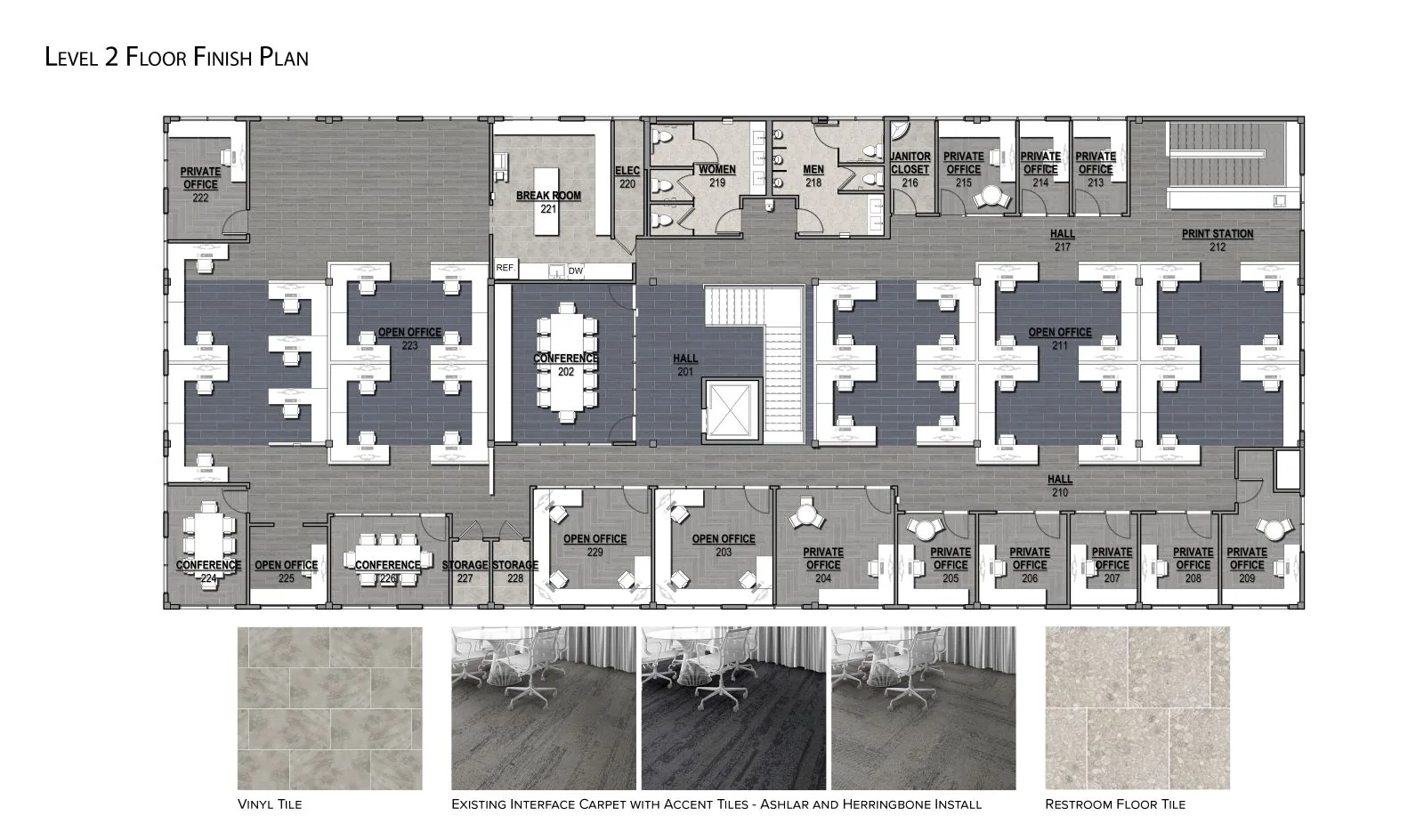 Level 2 floor finish plan for an office layout, featuring material swatches for carpet and tile below.