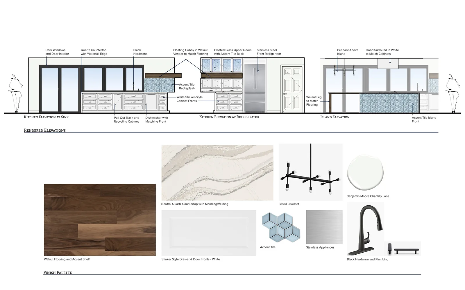 Kitchen design board with rendered elevations and a finish palette featuring walnut, quartz, and black fixtures.