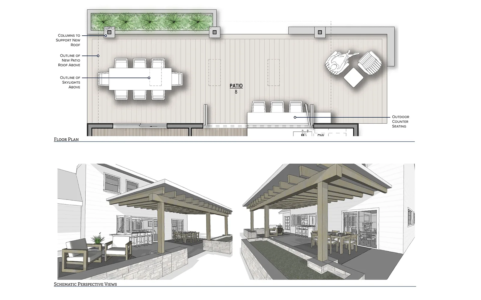 Architectural floor plan and 3D perspective drawings of a modern backyard patio with a wooden pergola.