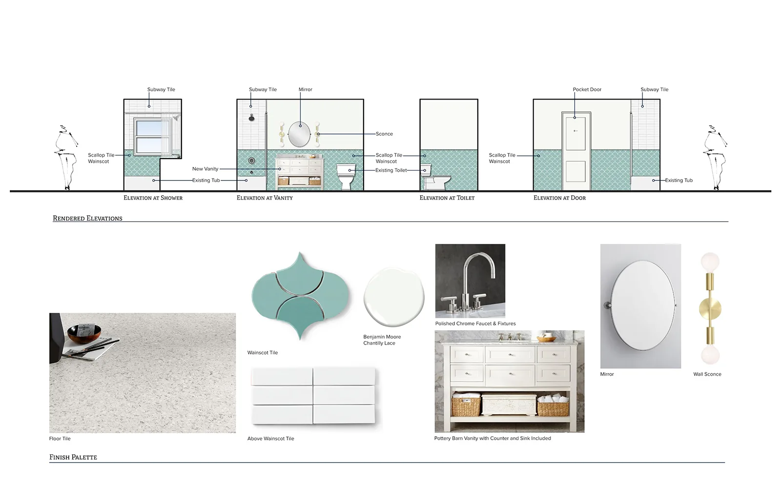 Bathroom design board featuring rendered elevations and a finish palette with teal scallop tile and a white vanity.
