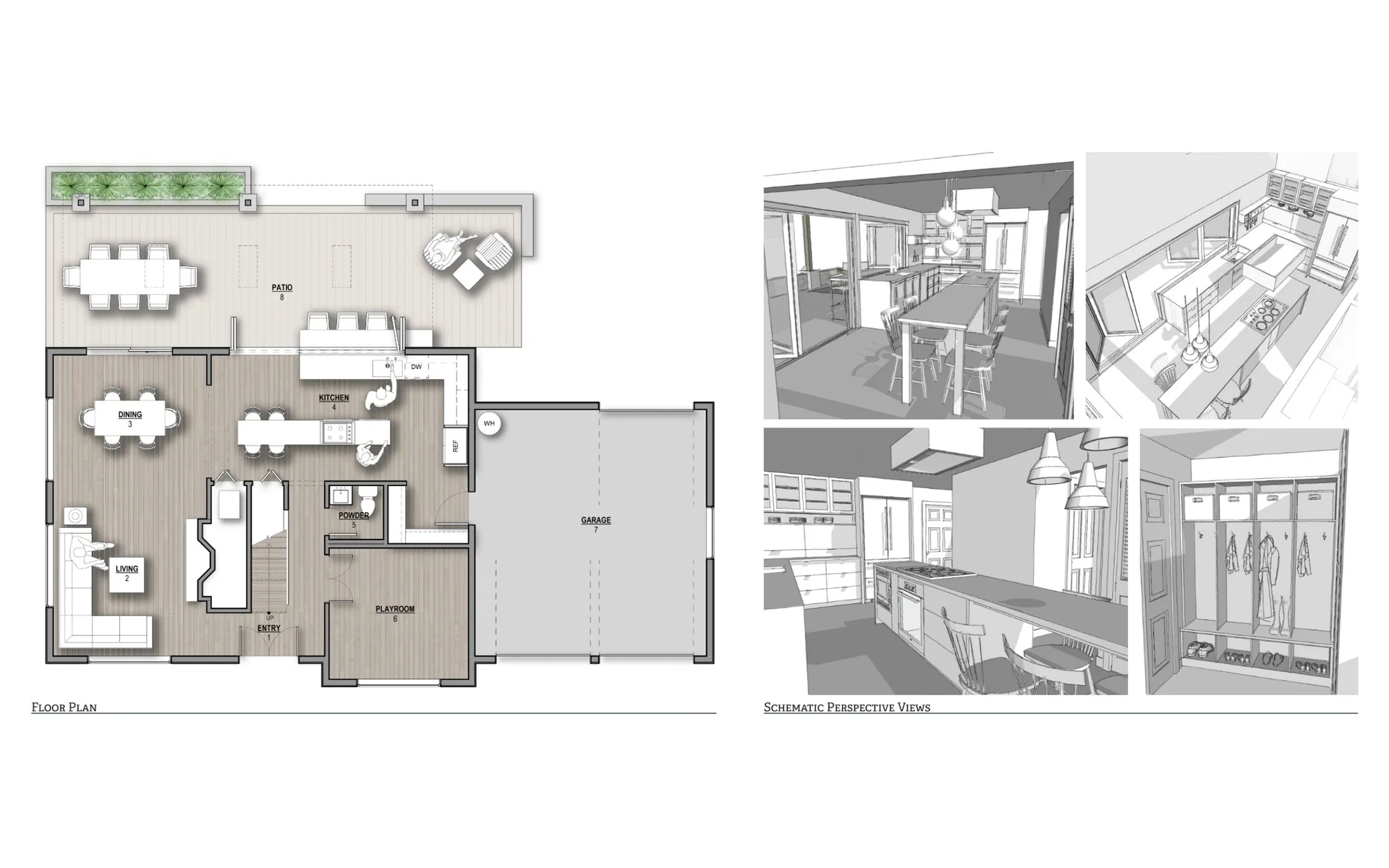 Architectural floor plan and 3D perspective sketches of a residential home interior design.