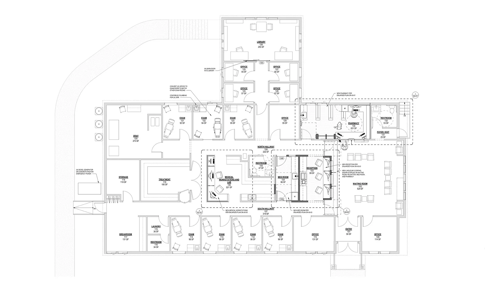 Architectural floor plan of a medical clinic showing exam rooms, offices, and a waiting room layout.
