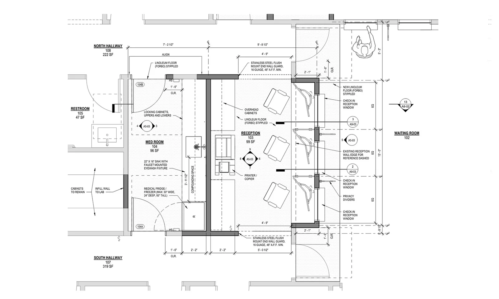 Architectural floor plan blueprint of a medical office reception desk, med room, and waiting area.