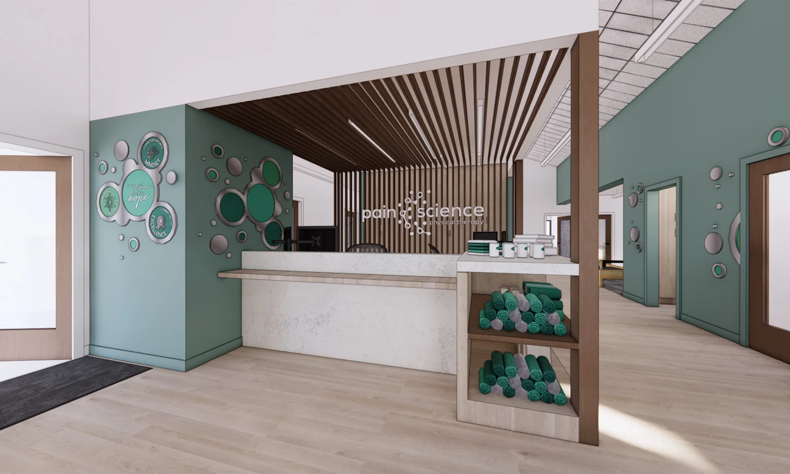 3D rendering of a modern clinic reception with a white stone desk, wood slat ceiling, and teal walls.