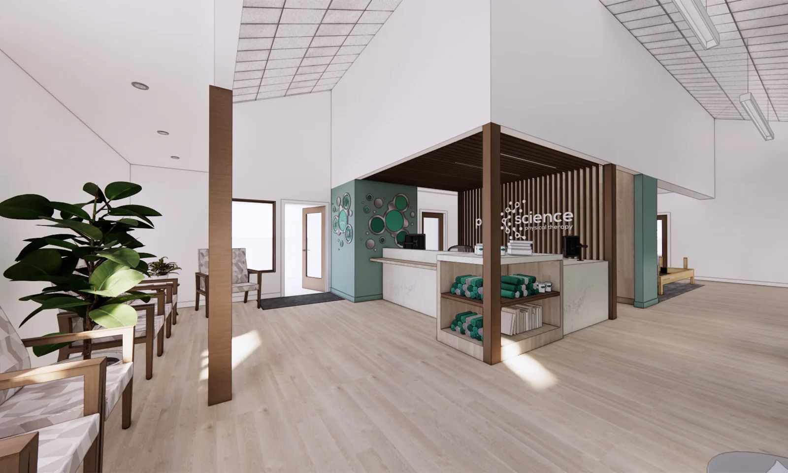 Rendering of a bright physical therapy clinic reception area with light wood floors and green accent walls.