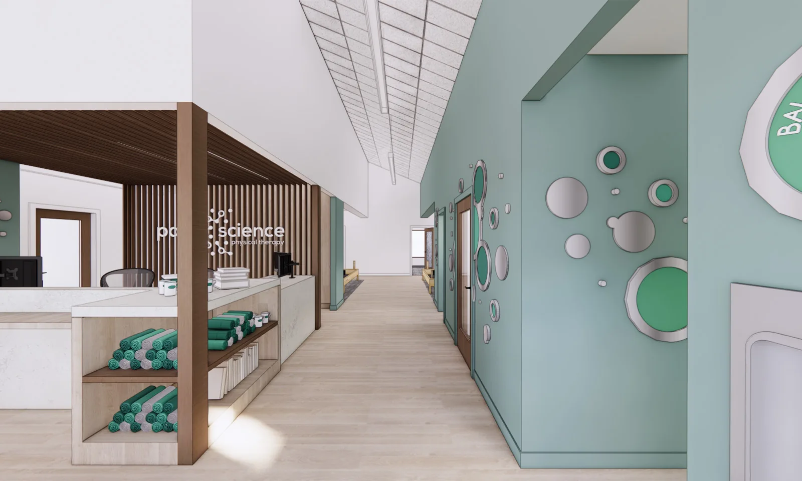 3D rendering of a physical therapy clinic lobby with a wood-slat reception desk, light floors, and teal walls.
