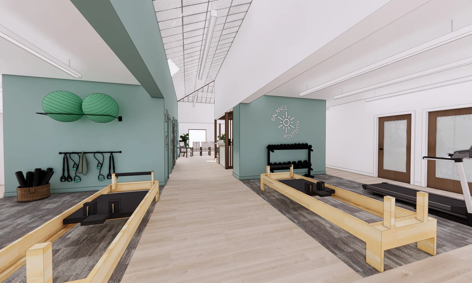 Rendering of a modern physical therapy clinic featuring Pilates reformers, sage green walls, and light wood floors.