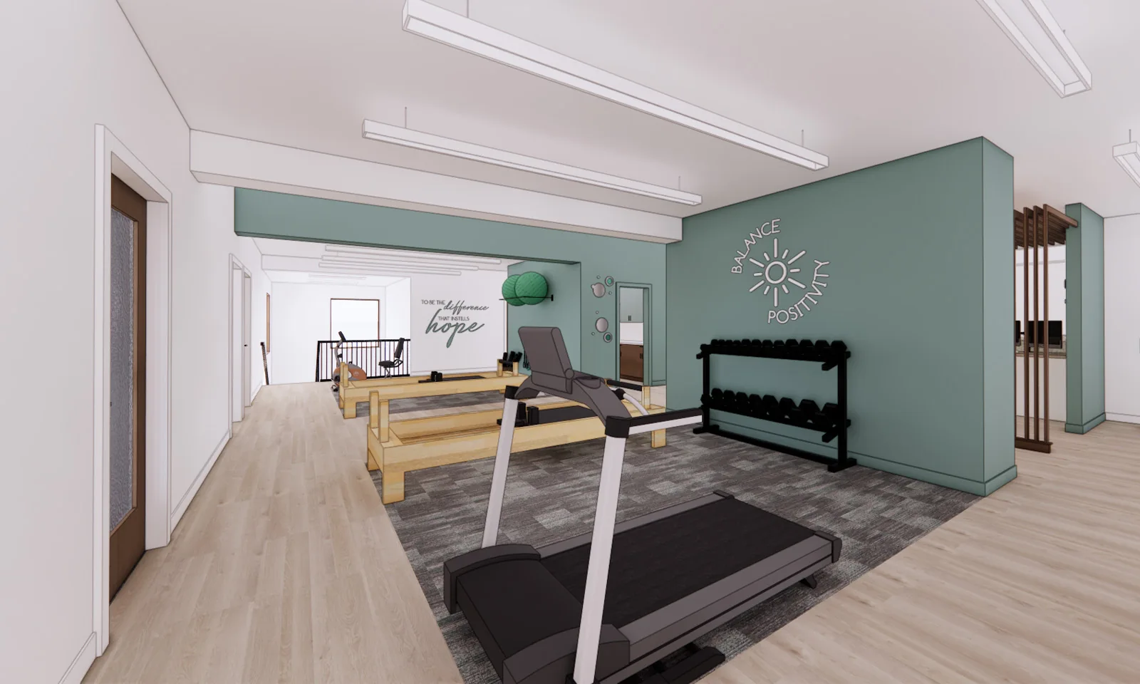 Rendering of a physical therapy clinic gym with a treadmill, dumbbell rack, and sage green accent wall.