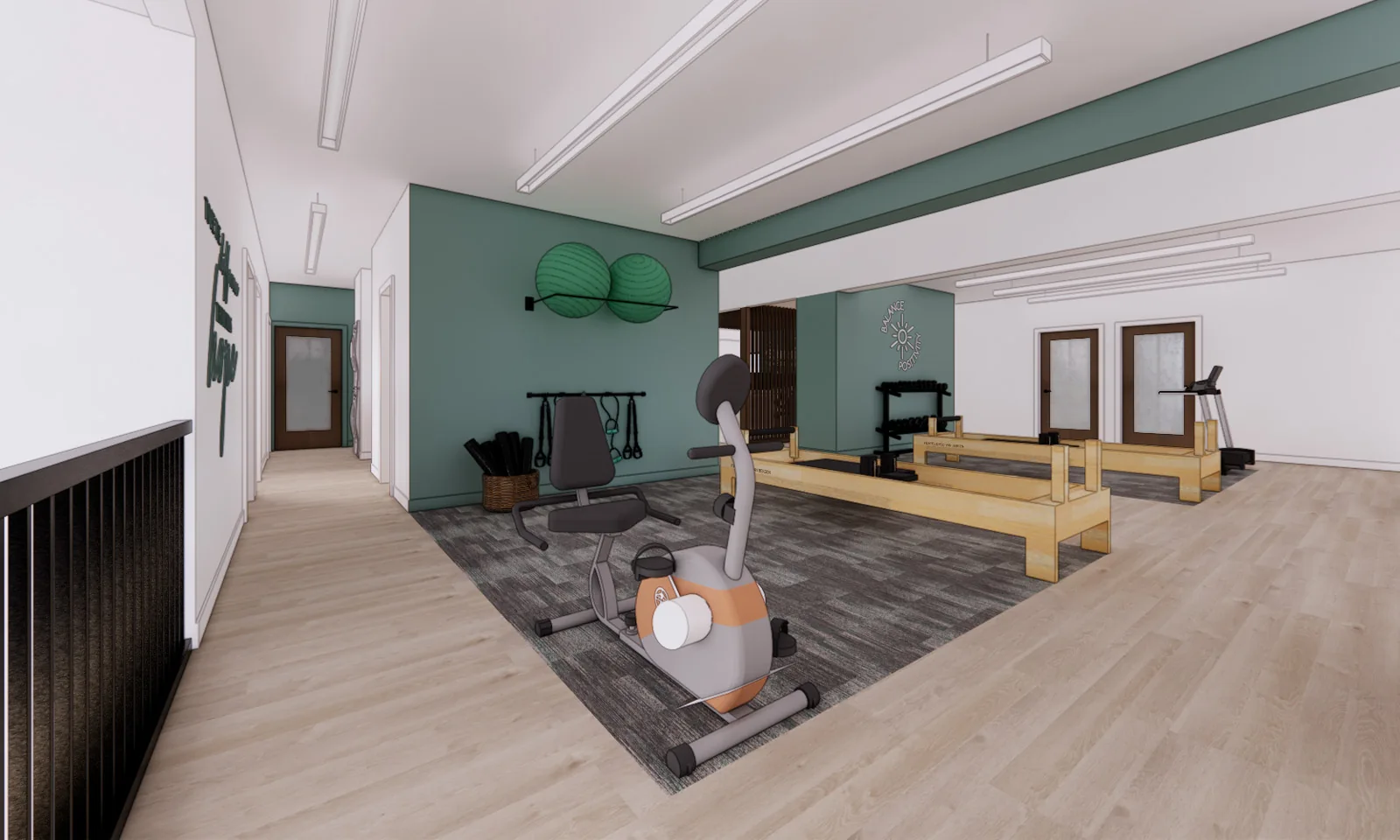 3D rendering of a bright physical therapy gym featuring a stationary bike, pilates reformers, and green walls.