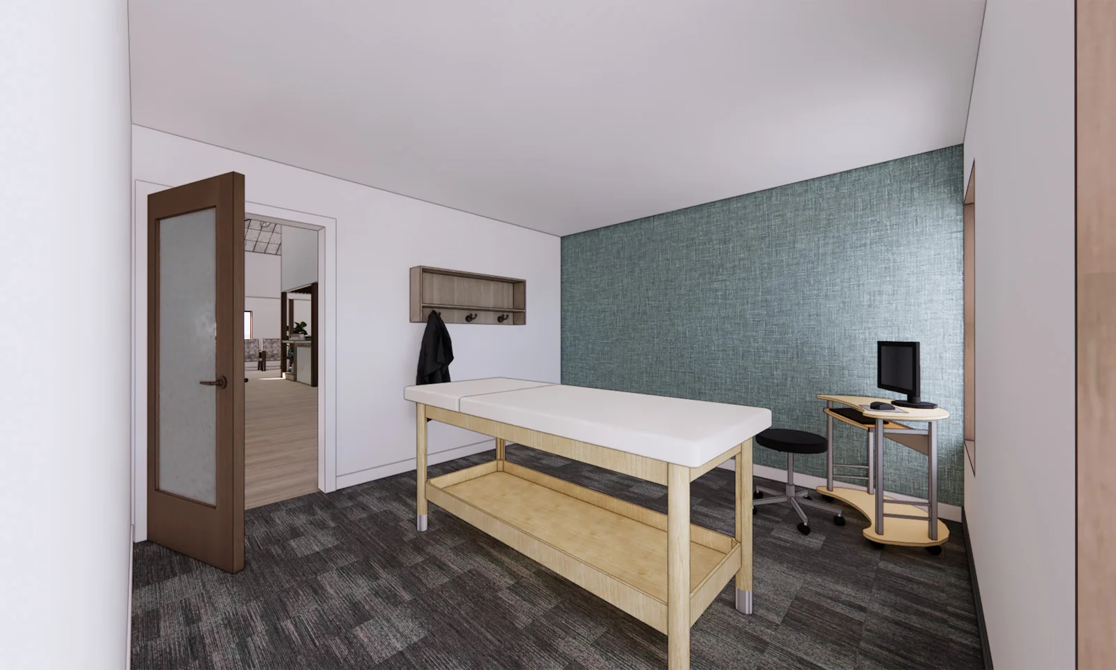 Rendering of a physical therapy treatment room with a wooden table, blue accent wall, and computer desk.