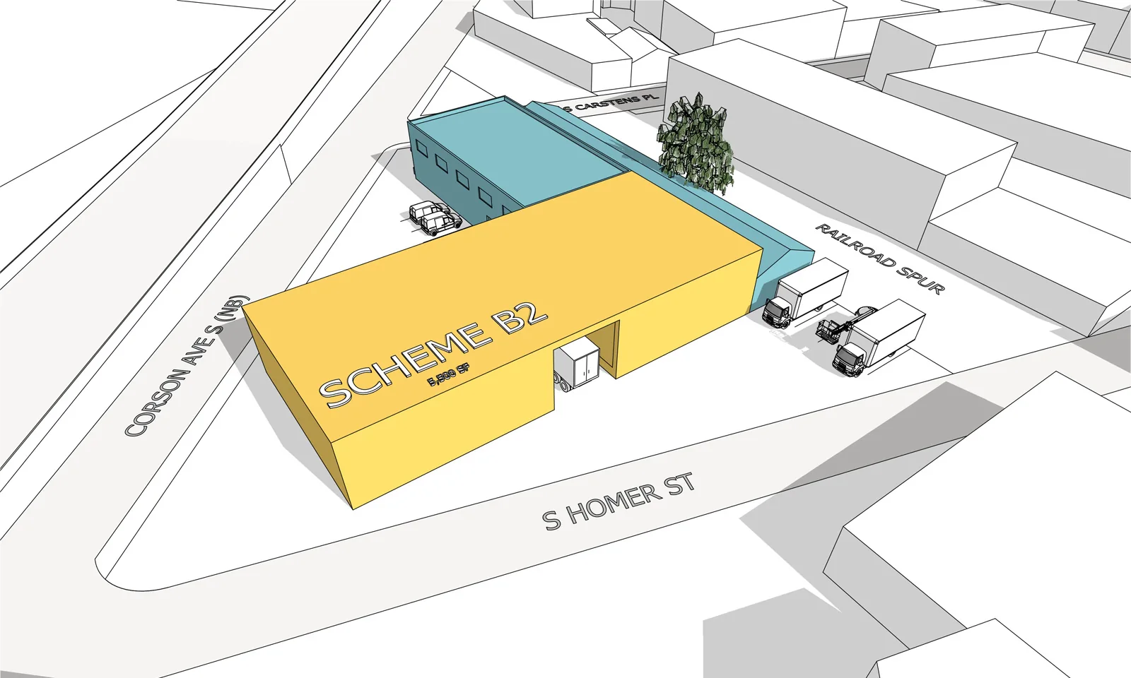 3D architectural massing diagram of Scheme B2, showing a yellow building volume on a street corner.