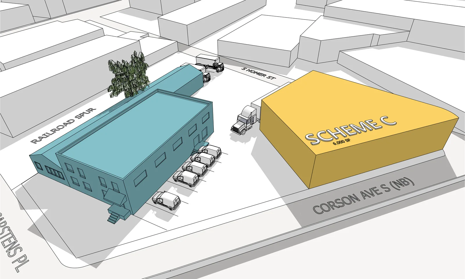 3D site plan rendering showing a blue building and a yellow massing block labeled Scheme C on Corson Ave S.
