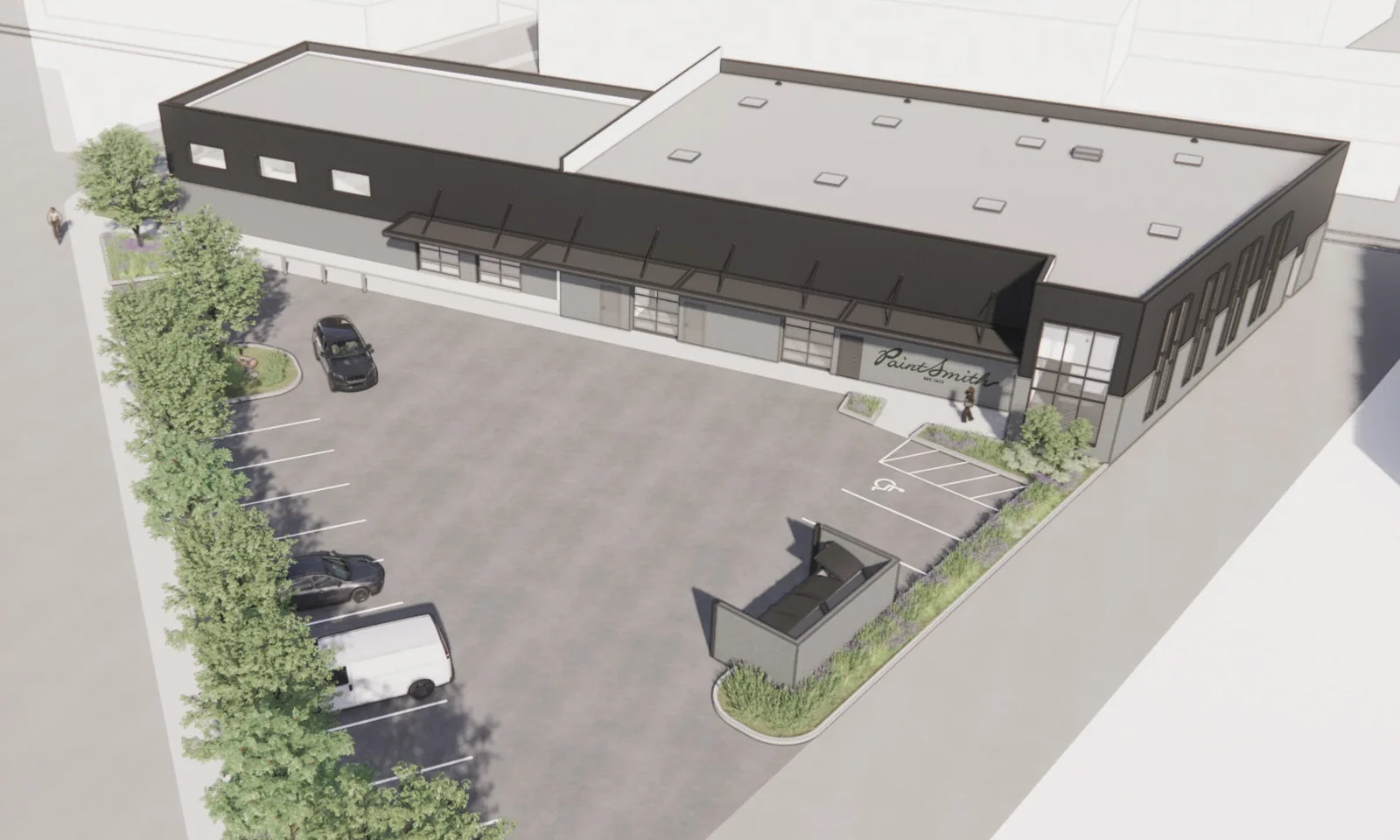 3D rendering of a modern grey and black commercial building with an adjacent parking lot and landscaping.
