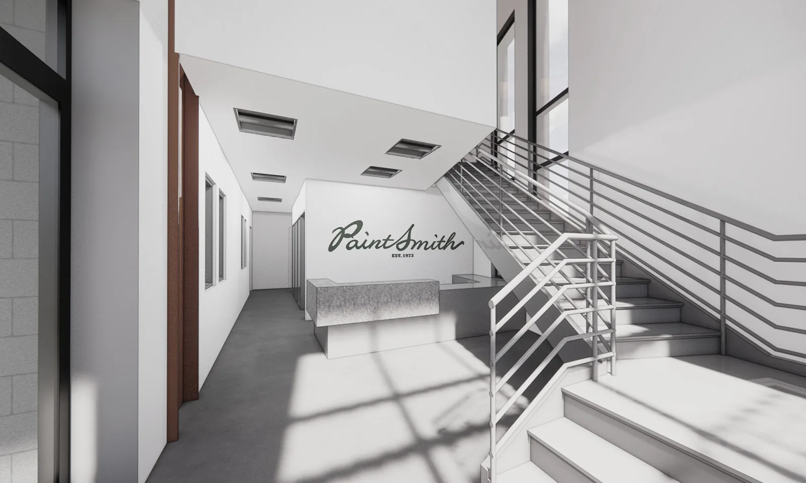 Architectural rendering of a minimalist office lobby with a reception desk, staircase, and Paint Smith logo.