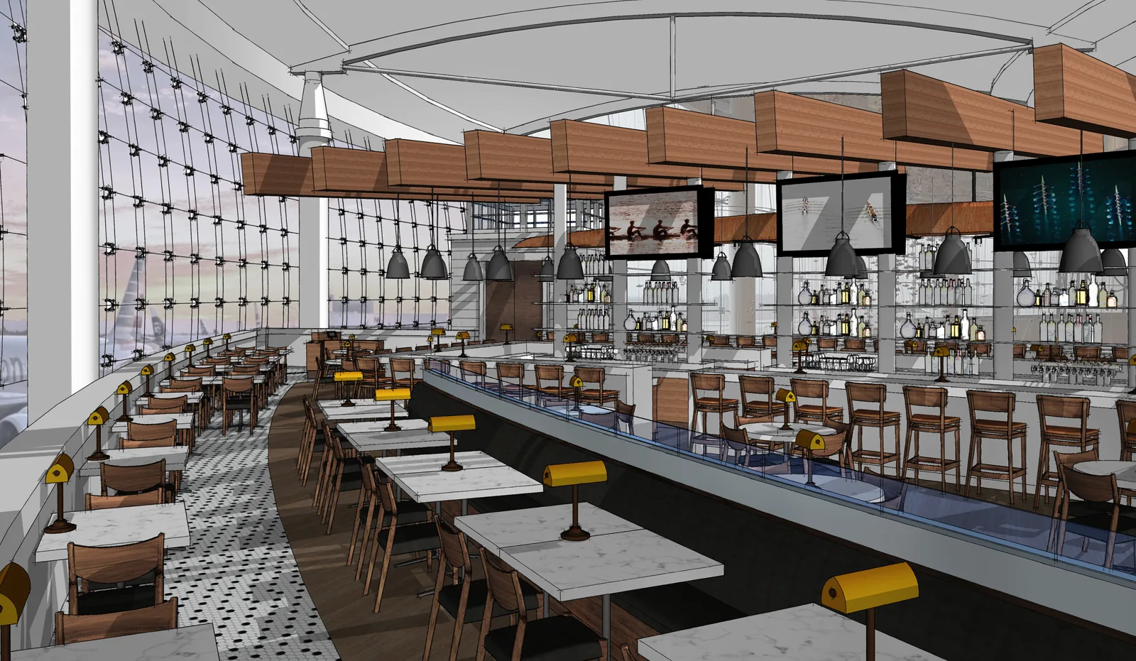 Rendering of a modern airport bar and restaurant with a curved counter, dining tables, and airfield views.