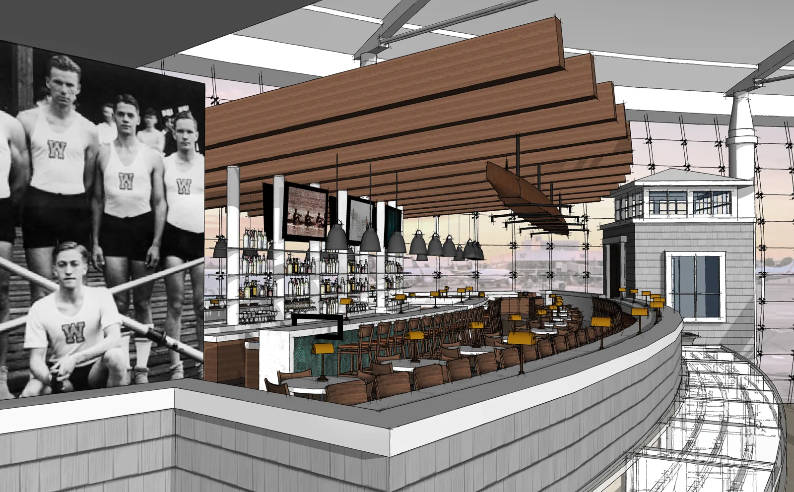 Rendering of a rowing-themed bar with a historic team mural, curved seating, and a hanging wooden rowing shell.
