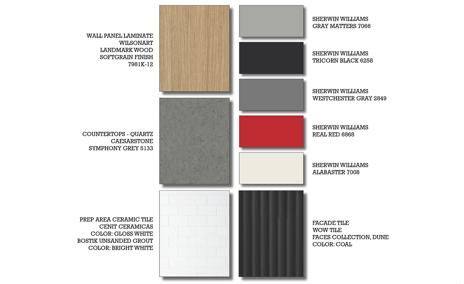 Material board with wood laminate, grey quartz, white subway tile, paint swatches, and textured black tile.