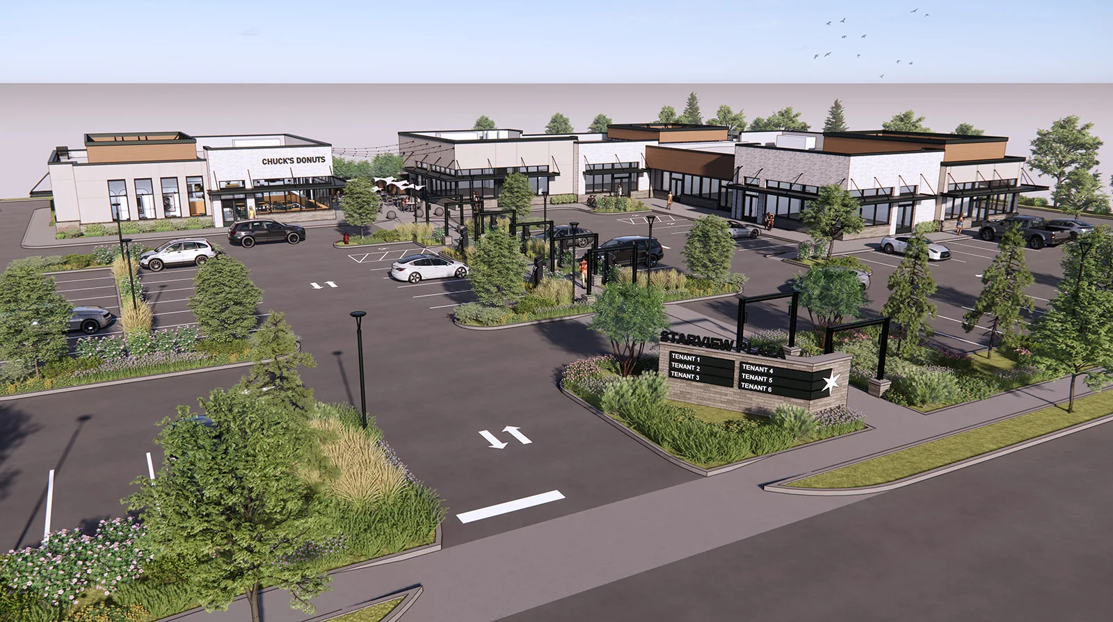 Architectural rendering of a modern retail plaza with contemporary storefronts, parking, and landscaping.