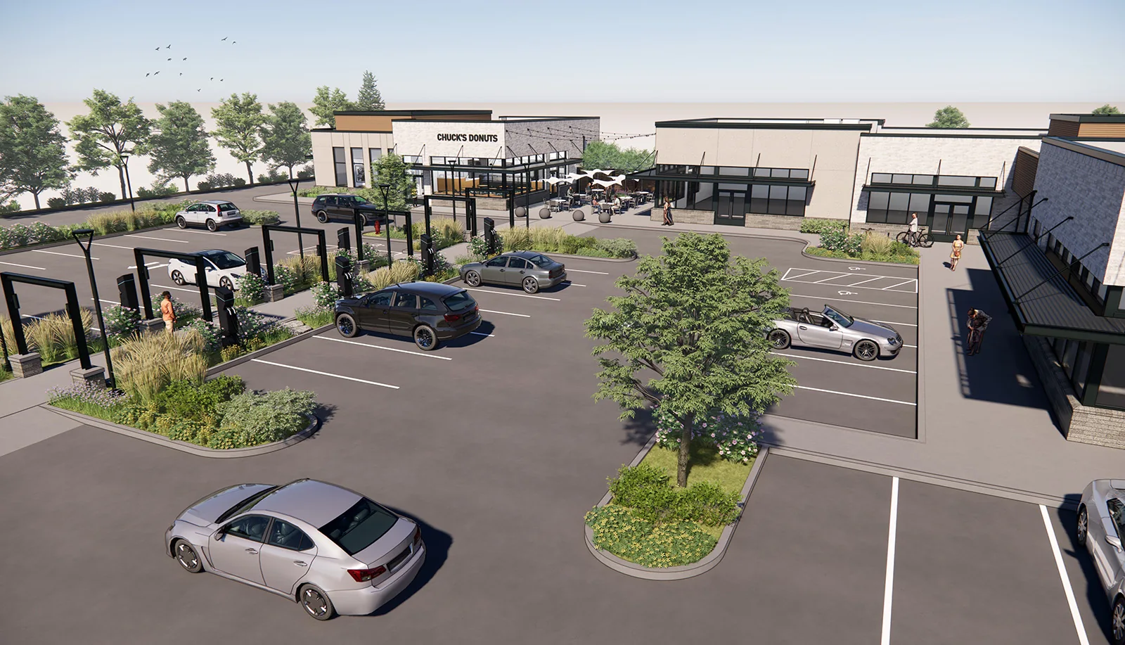 Architectural rendering of a modern retail plaza with parking, EV charging stations, and landscaped walkways.