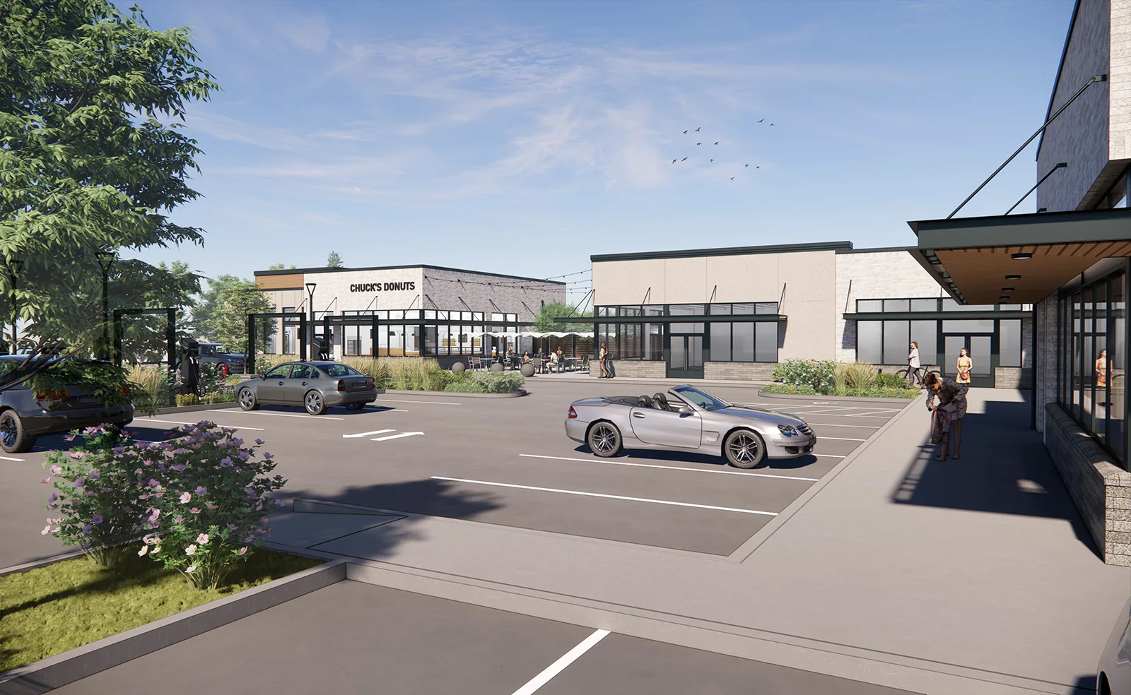 Architectural rendering of a modern commercial plaza with storefronts, a parking lot, and landscaping.