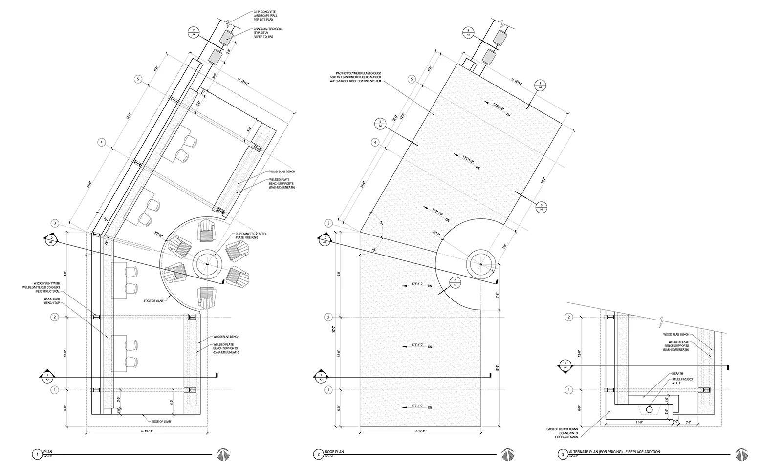 Architectural blueprint showing floor and roof plans for an angled outdoor structure with a fire pit.
