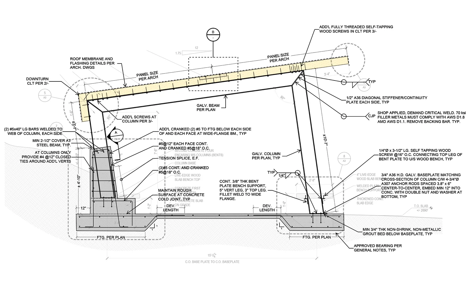 Technical architectural drawing showing a structural cross-section of a sloped roof with detailed annotations.