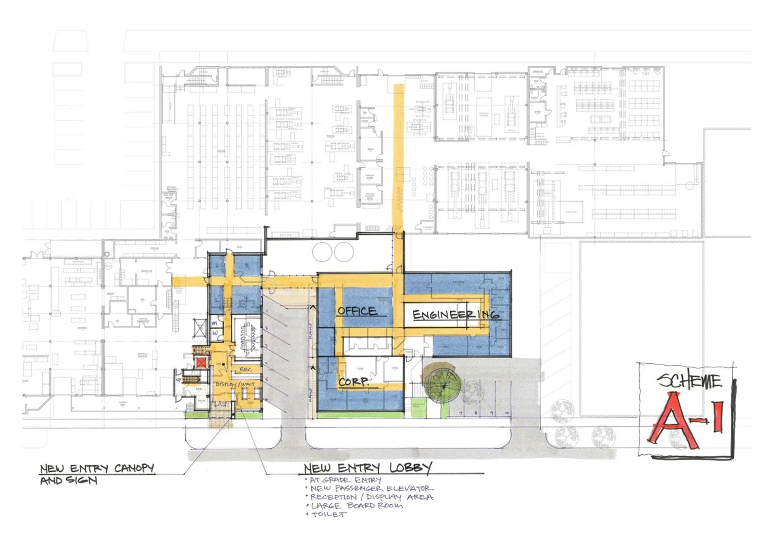 Hand-drawn architectural floor plan schematic showing highlighted office layouts, labeled Scheme A-1.